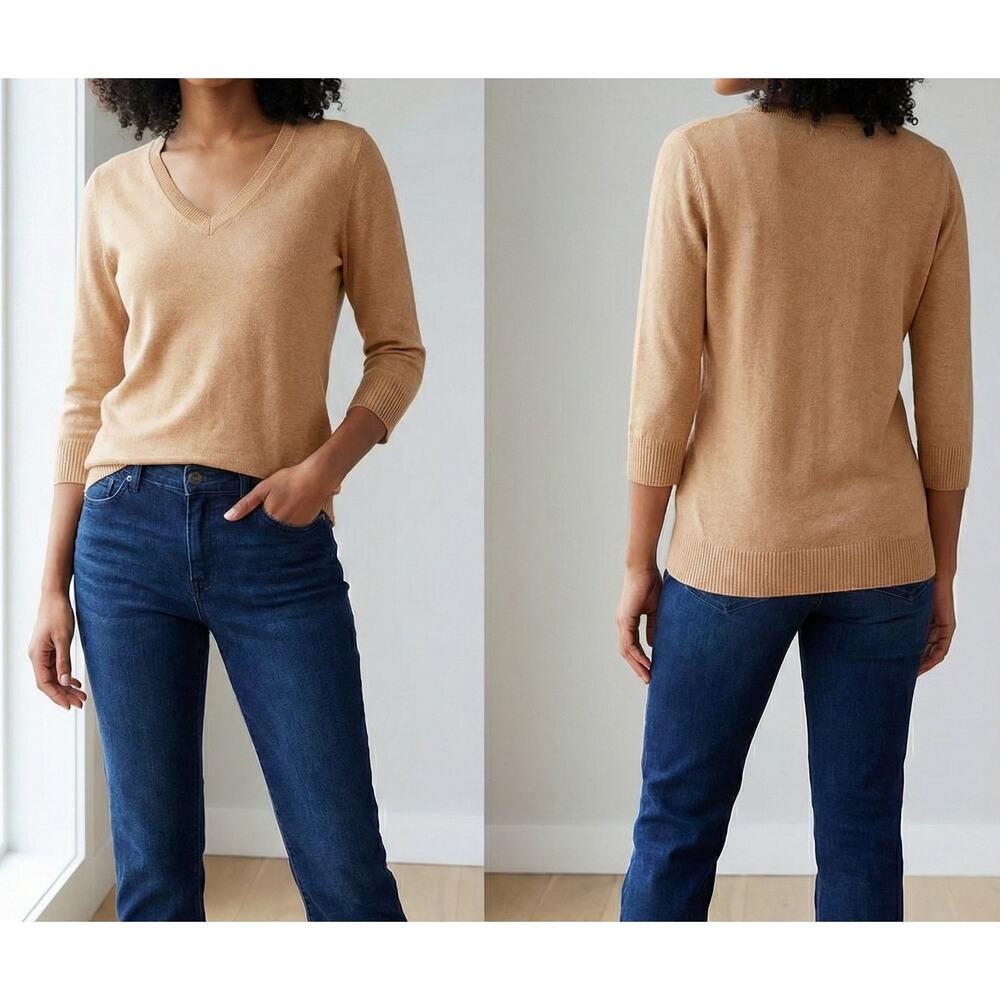 Karen Scott Womens Large V Neck 3/4 Sleeve Sweater 100% Acrylic Camel Tan